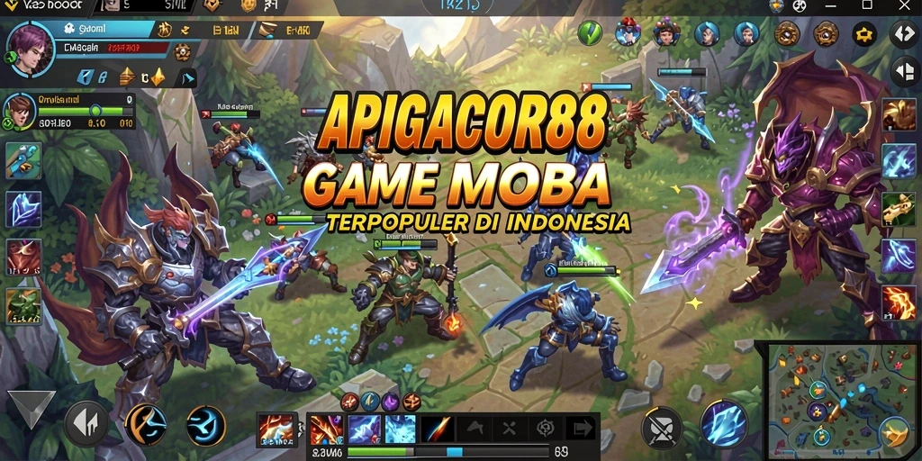 Tangkapan layar utama APIGACOR88 menampilkan aksi gameplay seru di arena MOBA.