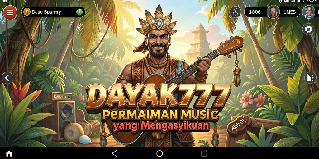 Screenshot utama yang menampilkan gameplay seru DAYAK777 dengan musik.